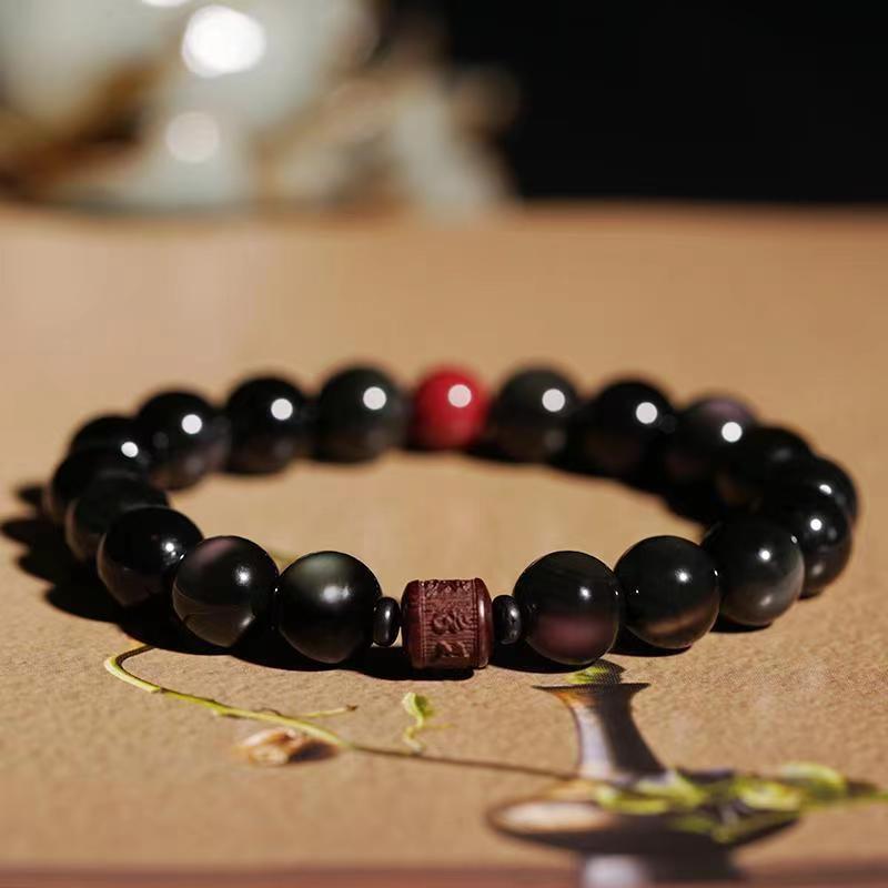 KarmaRipple's Authentic Gold Sheen Obsidian Rainbow Obsidian Om Mani Padme Hum Fu Character Balancing Bracelet p58