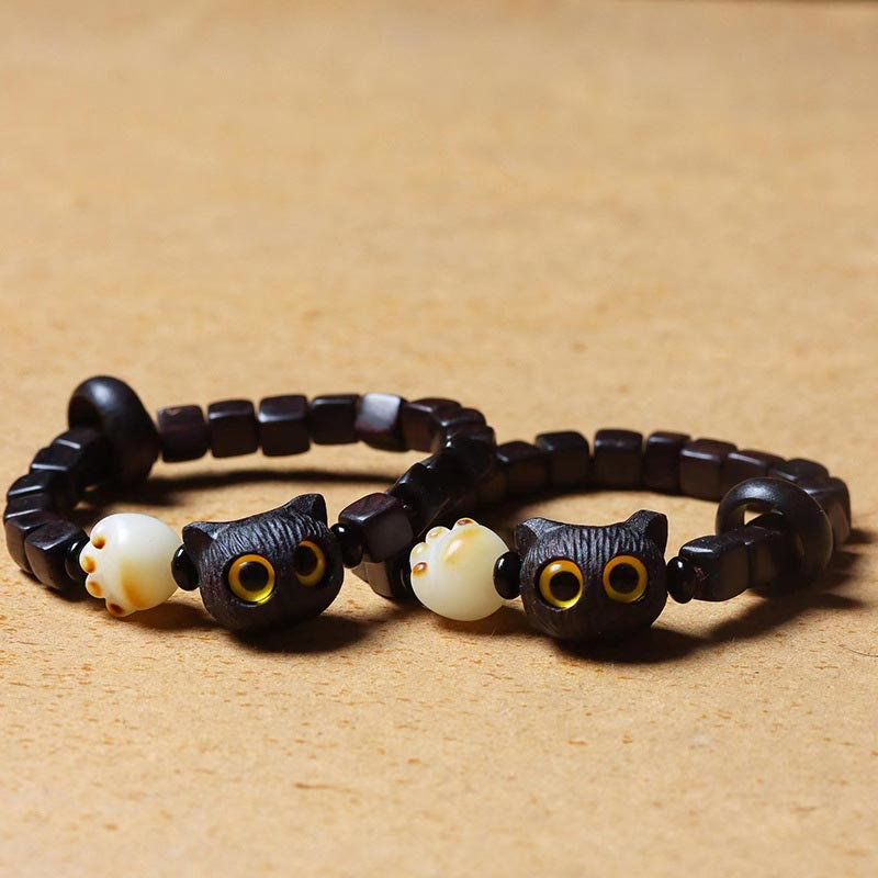 KarmaRipple's Ebony Wood Cute Cat Bodhi Seed Paw Claw Square Beadwork Calm Bracelet p4