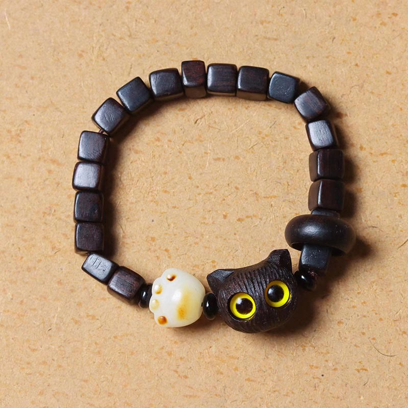 KarmaRipple's Ebony Wood Cute Cat Bodhi Seed Paw Claw Square Beadwork Calm Bracelet p2