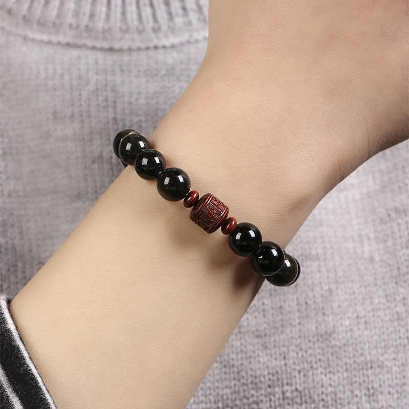 KarmaRipple's Authentic Gold Sheen Obsidian Rainbow Obsidian Om Mani Padme Hum Fu Character Balancing Bracelet p19