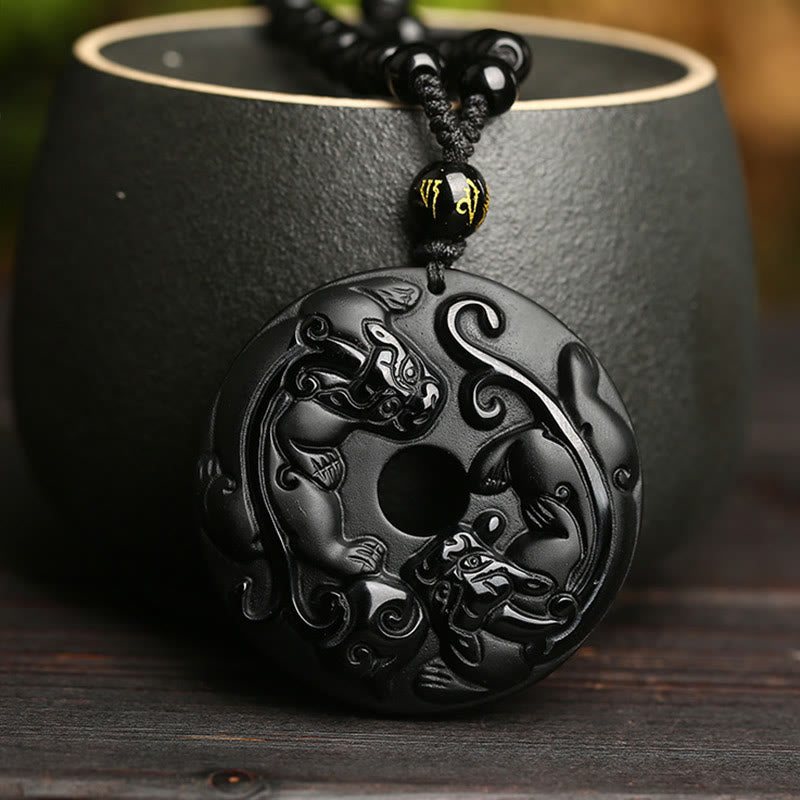KarmaRipple's Authentic Black Obsidian Peace Buckle Pixiu Bead Rope Strength Pendant Necklace p6