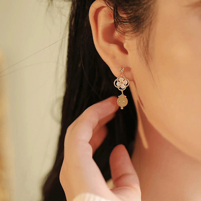 KarmaRipple's Tridacna Stone Flower Jade Bead Blessing Drop Earrings p9