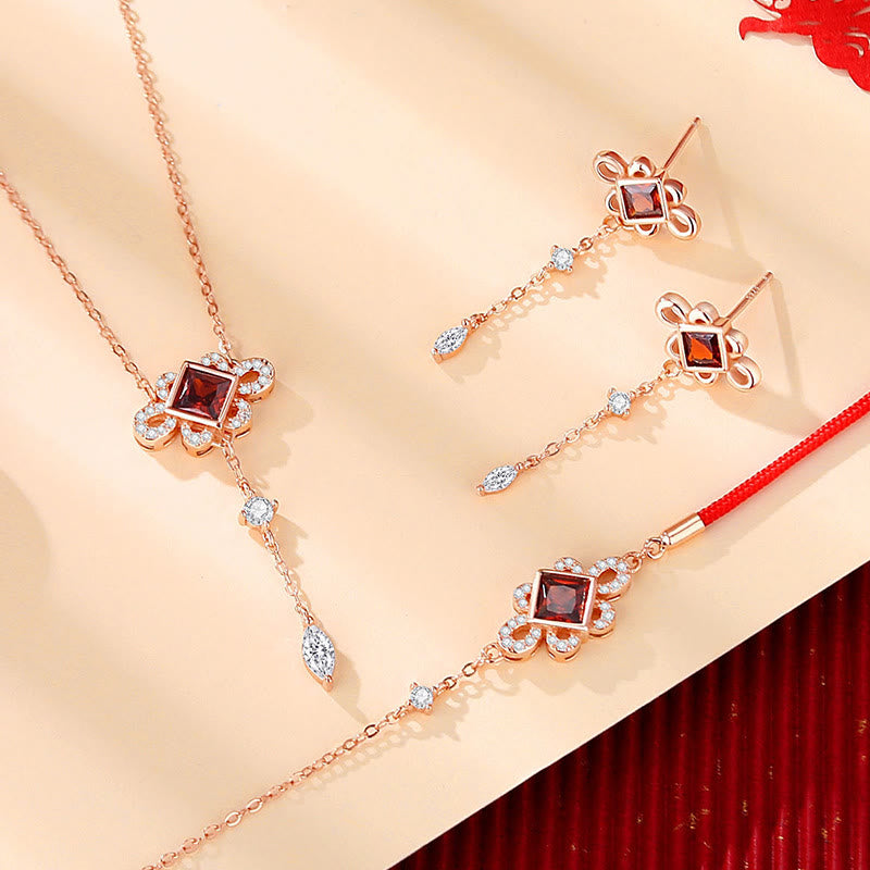 KarmaRipple's 925 Sterling Silver Chinese Knotting Red Zircon Wealth Pendant Necklace Bracelet Earrings Set p10
