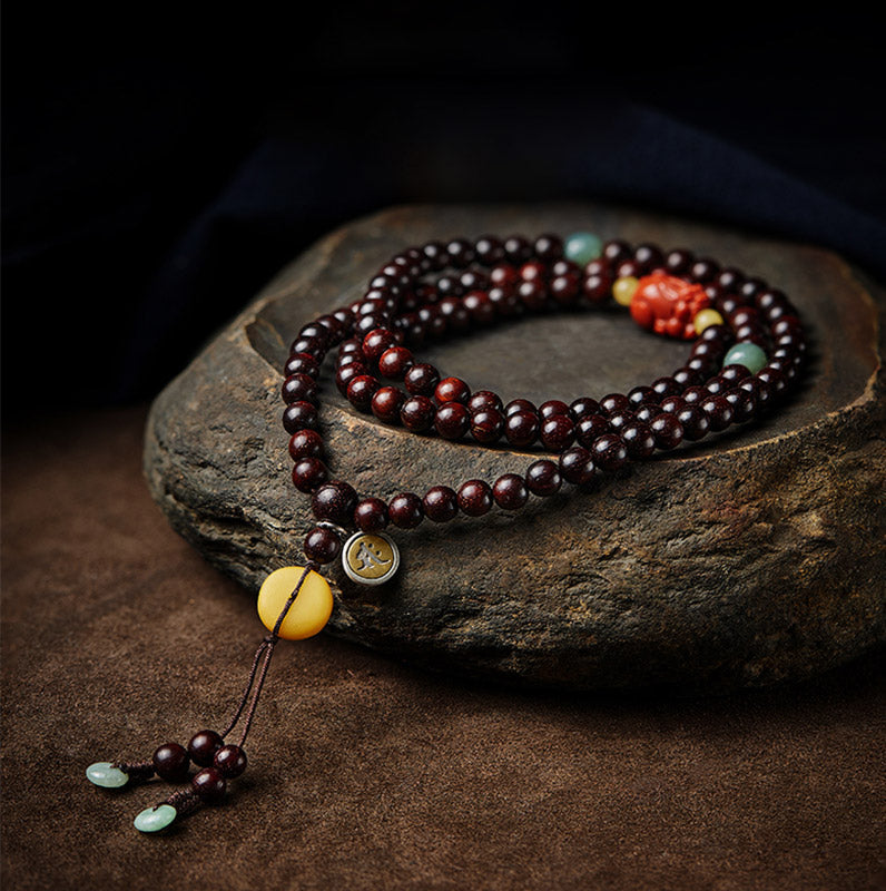 KarmaRipple's Chinese Zodiac Natal Buddha 108 Mala Beadwork Small Leaf Red Sandalwood Red Agate PiXiu Protection Bracelet p25