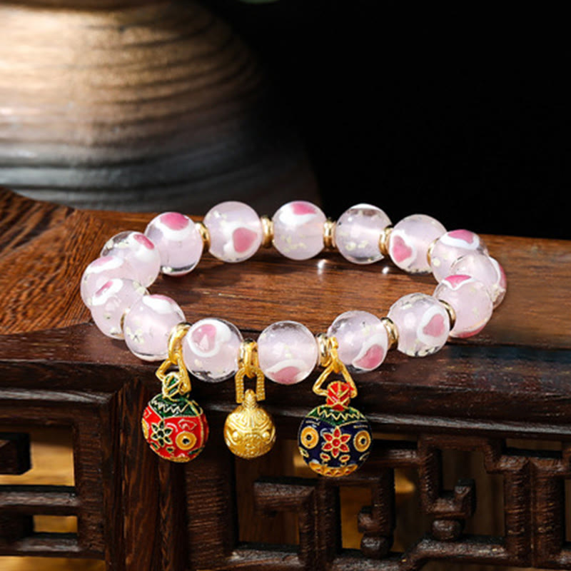 KarmaRipple's Gold Swallowing Beast Family Pink Love Heart Luminous Fluorescent Liuli Glass Bead Bracelet p33