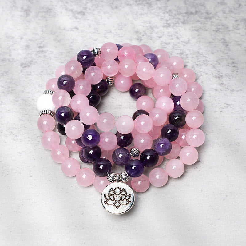 KarmaRipple's Authentic Rose Quartz & Amethyst Mala Bead Lotus Necklace Bracelet p4