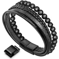 Bracelet en cuir et perles d'onyx noir en pierre de lave authentique de KarmaRipple