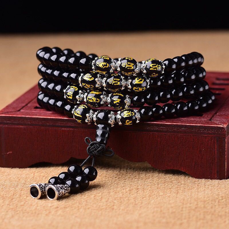KarmaRipple's Black Obsidian Six True Words Protection Mala Bracelet p1