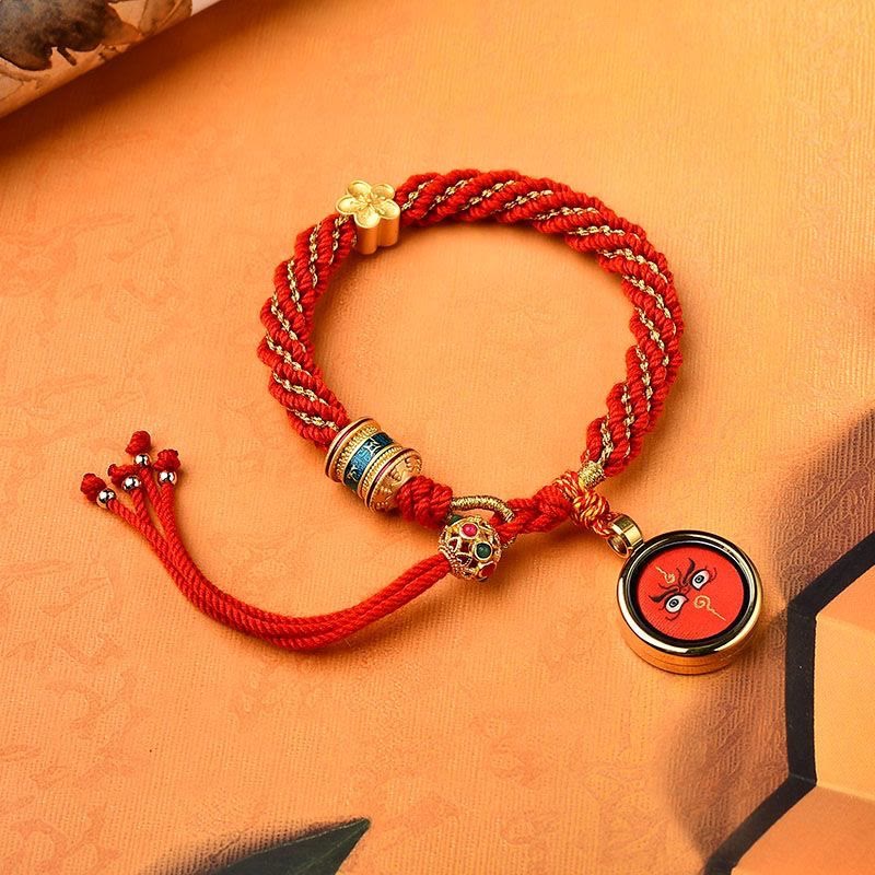 KarmaRipple's Tibet Handmade Five God Of Wealth Fortune Thangka Amulet Prayer Wheel Flower Talisman Weave String Bracelet p7