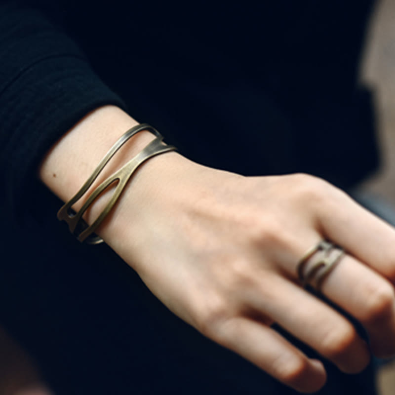 KarmaRipple's Vintage Curved Bronze Brass Wealth Adjustable Cuff Bracelet Bangle p8