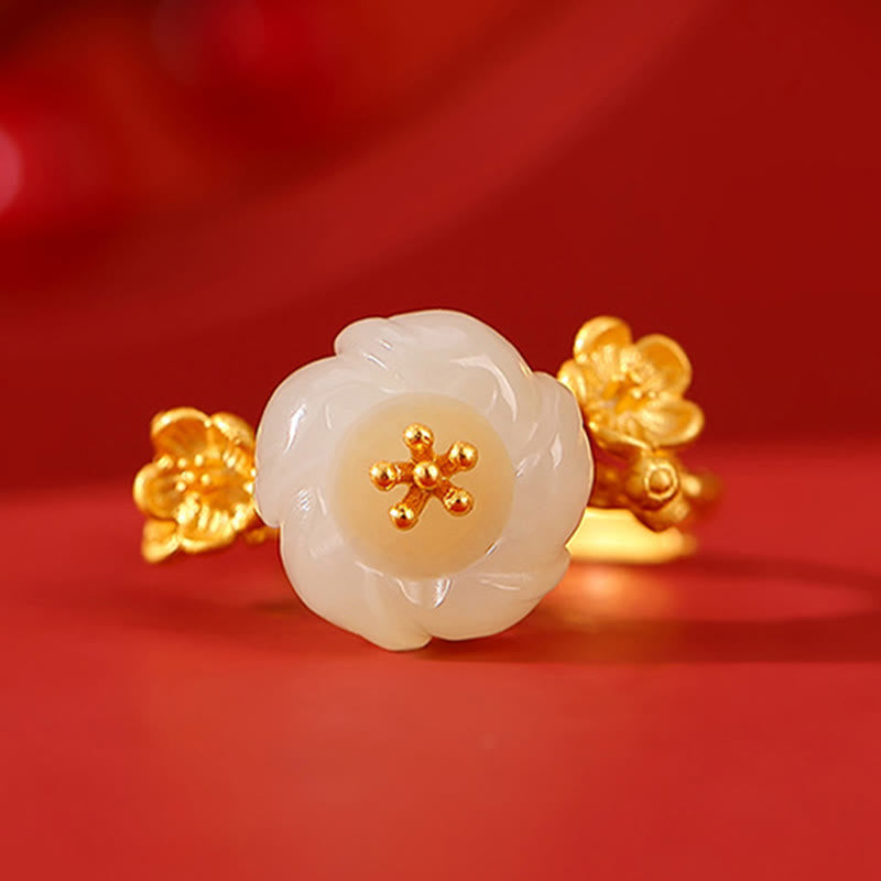 KarmaRipple's 925 Sterling Silver Plated Gold Hetian Jade Plum Blossom Fortune Pendant Necklace Bracelet Bangle Ring p14