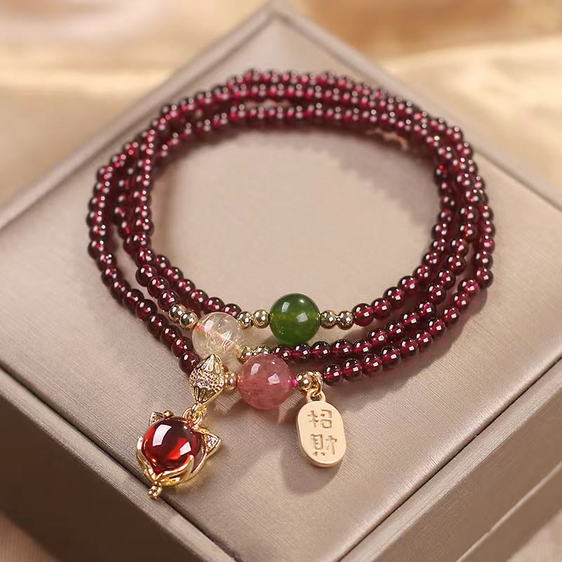 KarmaRipple's Authentic Garnet Strawberry Quartz Gemstone Fox Koi Fish Peace Buckle Fortune Protection Triple Wrap Bracelet p4