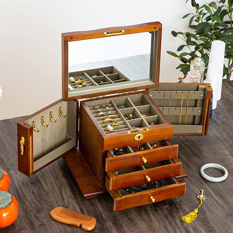 KarmaRipple's Vintage Large Capacity Wooden Jewelry Box Jewelry Storage Box With Mirror p4