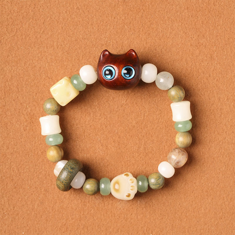 KarmaRipple's Bodhi Seed Green Sandalwood Ebony Wood Small Leaf Red Sandalwood Cat Head Paw Claw Peace Bracelet p22