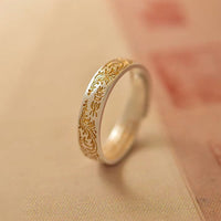 Bague KarmaRipple en argent sterling 999 peinte à l'or, motif de fleurs joyeuses et paisibles, Sutra du cœur