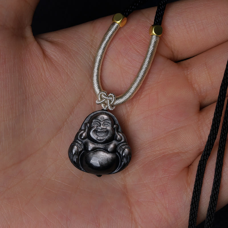 KarmaRipple's Authentic Silver Sheen Obsidian Laughing Buddha Protection Pendant Necklace p8