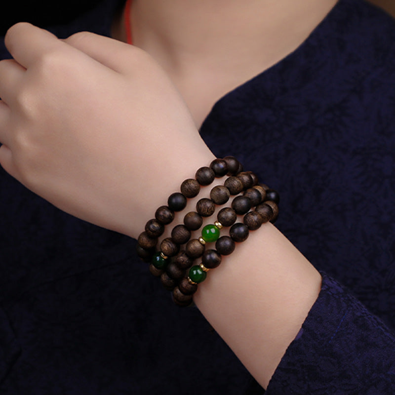 KarmaRipple's 108 Mala Beadwork Indonesia Tarakan Rare Agarwood Cyan Jade Ward Off Evil Spirits Bracelet p9