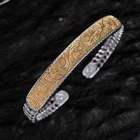Bracelet manchette porte-bonheur en bronze gravé motif fleur de la dynastie Tang de KarmaRipple, bague réglable