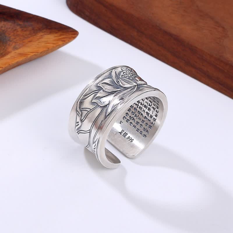 KarmaRipple's 999 Sterling Silver Lotus Flower Heart Sutra Protection Ring p2