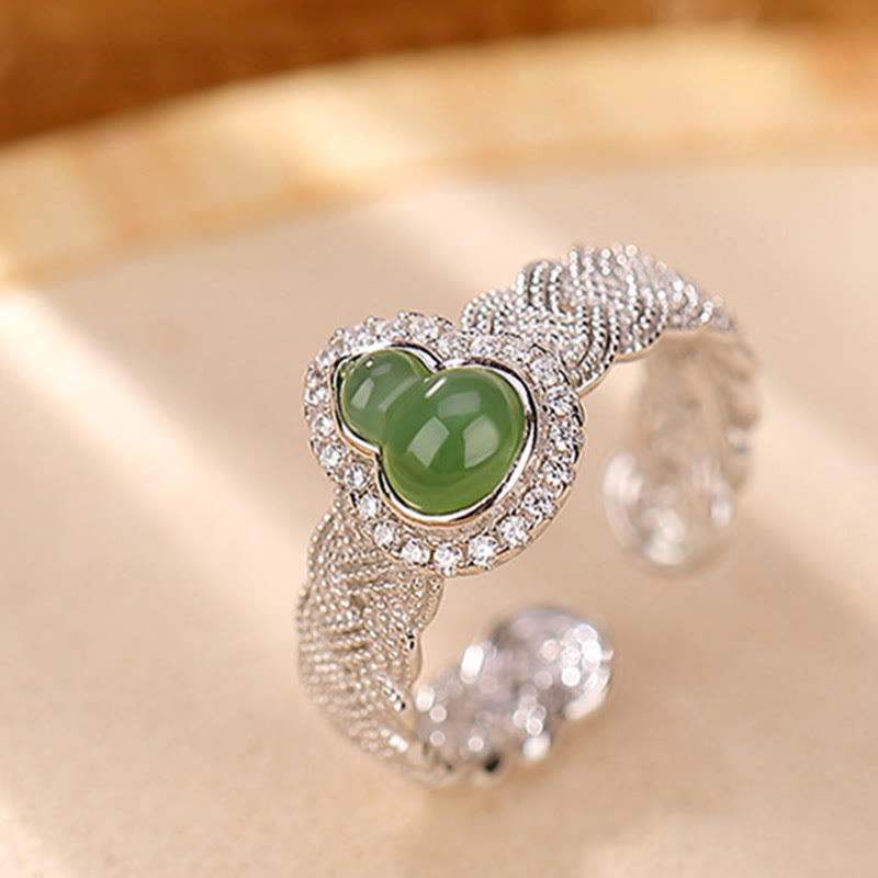 KarmaRipple's 925 Sterling Silver Plated Gold Authentic Hetian Cyan Jade Gourd Fortune Bracelet Ring Set p11