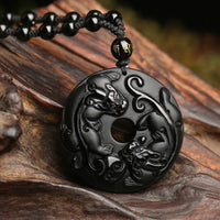 Collier avec pendentif en obsidienne noire authentique de KarmaRipple, perle Pixiu et corde de force