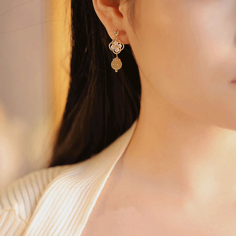 KarmaRipple's Tridacna Stone Flower Jade Bead Blessing Drop Earrings p6