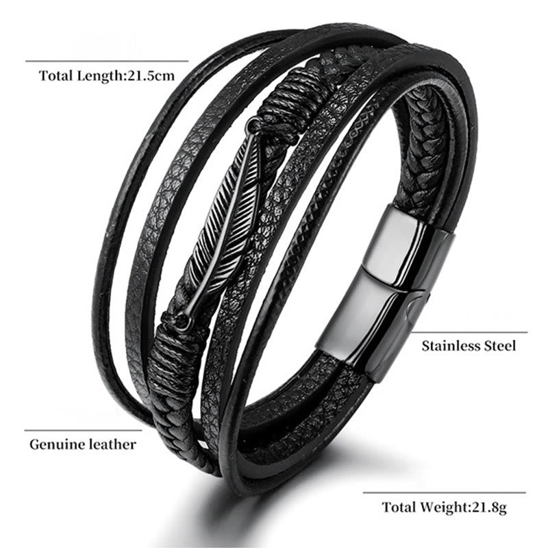 KarmaRipple's Feather Pattern Multilayer Leather Titanium Steel Calm Woven Magnetic Buckle Bracelet p11