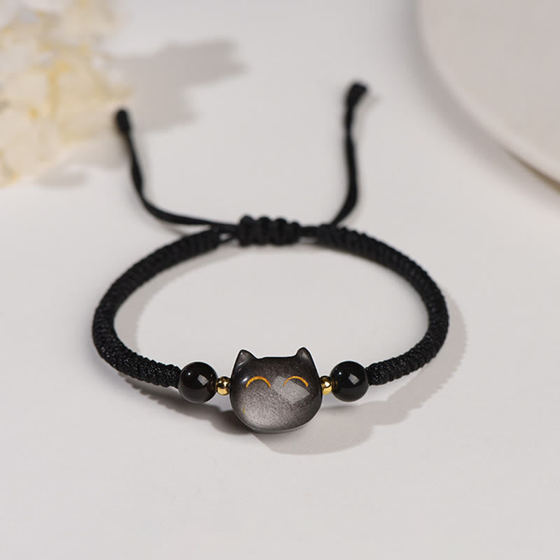KarmaRipple's Handmade Authentic Silver Sheen Obsidian Strawberry Quartz Cute Cat Protection Woven Bracelet p18