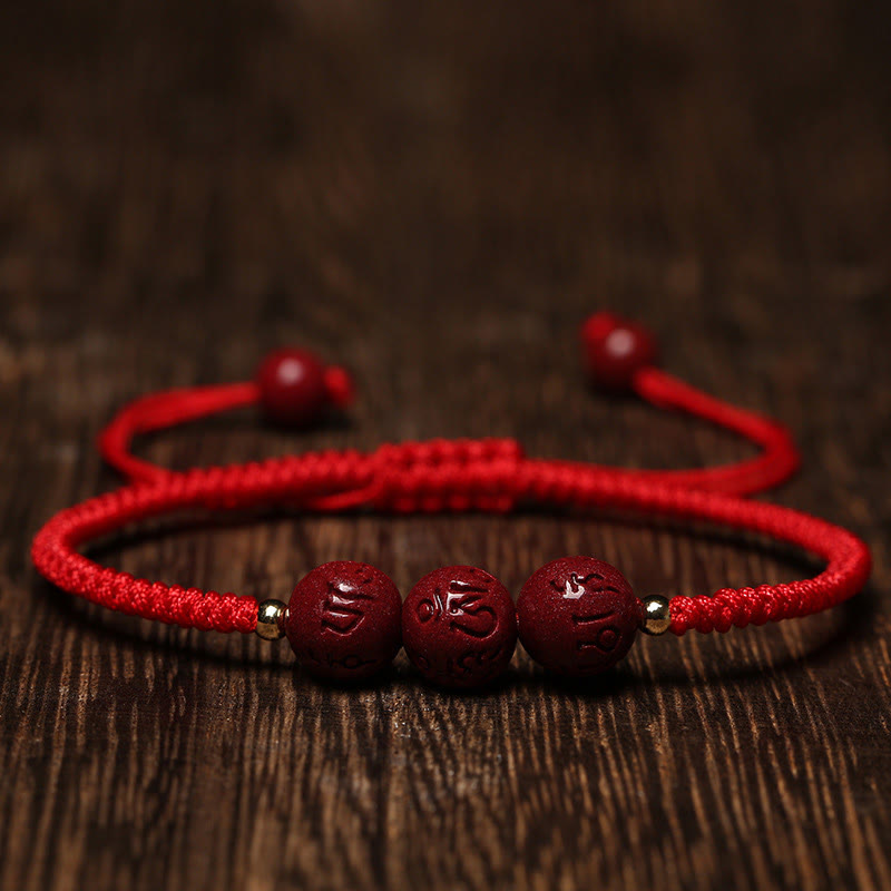 KarmaRipple's Handmade Cinnabar Om Mani Padme Hum Engraved Beadwork Blessing Woven Bracelet p2