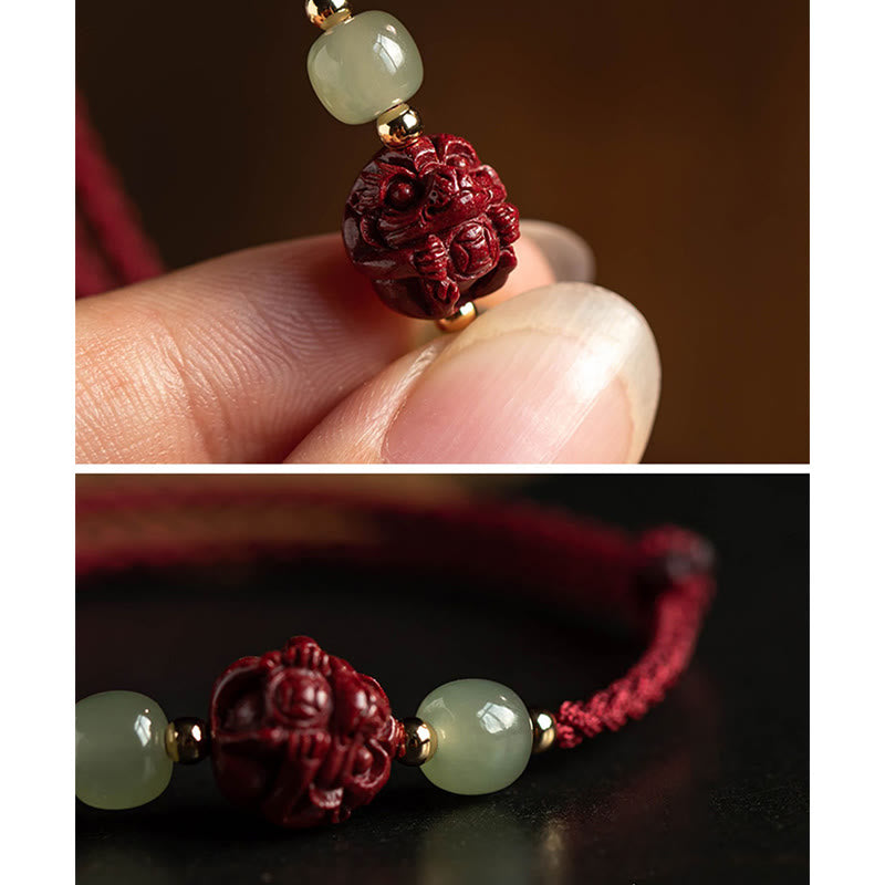 KarmaRipple's Authentic Cinnabar Chinese Zodiac Hetian Jade Fu Character Fortune Rope Bracelet p21