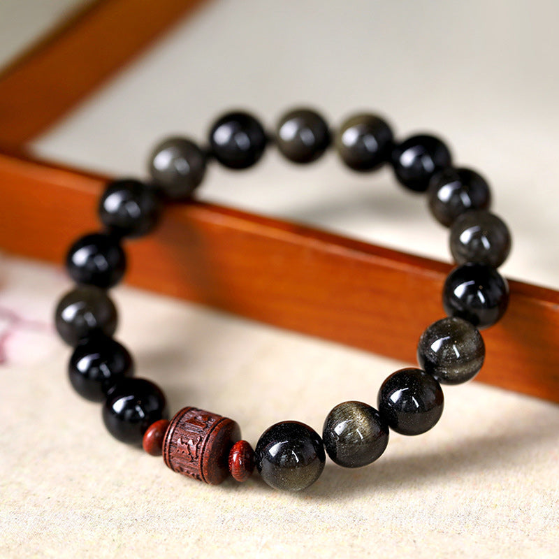 KarmaRipple's Authentic Gold Sheen Obsidian Rainbow Obsidian Om Mani Padme Hum Fu Character Balancing Bracelet p51