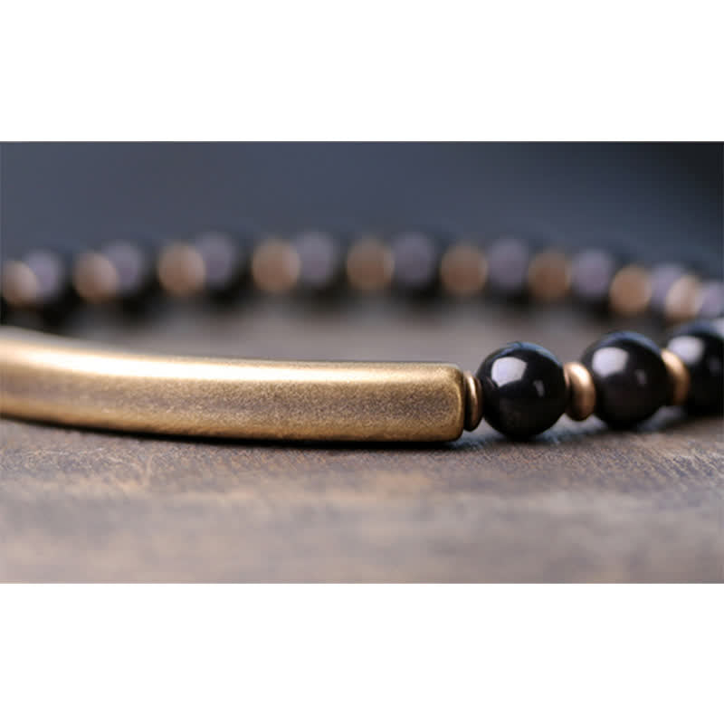 KarmaRipple's Red Jasper Moss Agate Black Obsidian Gemstone Bronze Peace Pair Bracelet p25