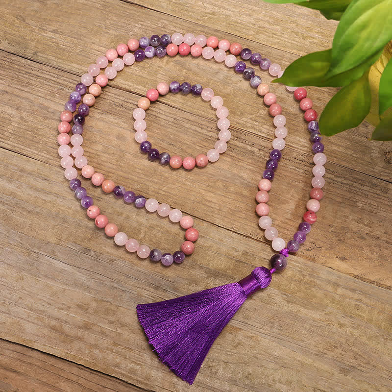 KarmaRipple's 108 Mala Beadwork Amethyst Rose Quartz Spiritual Balancing Tassel Bracelet p4