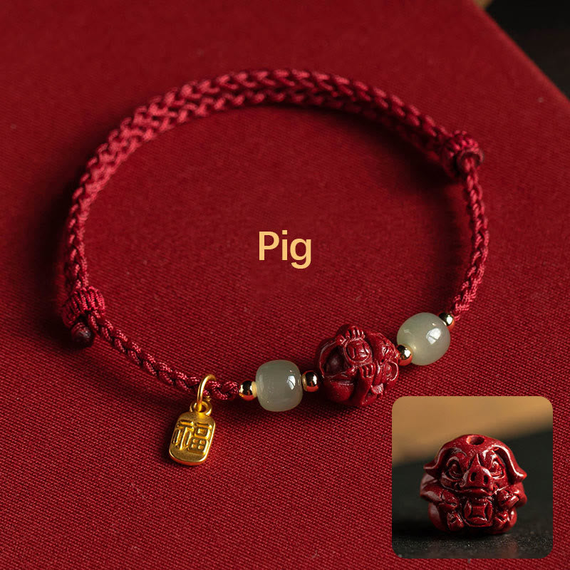 KarmaRipple's Authentic Cinnabar Chinese Zodiac Hetian Jade Fu Character Fortune Rope Bracelet p12