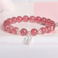 Bracelet trèfle à quatre feuilles en argent sterling 925 et quartz fraise de KarmaRipple