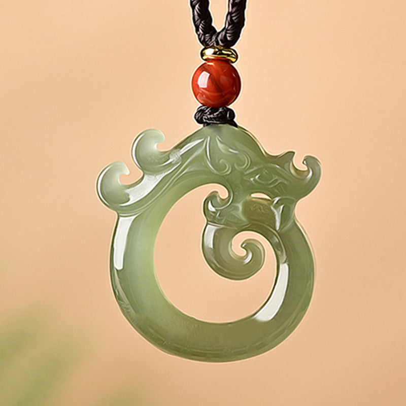 KarmaRipple's Ivory Jade Cyan Jade Dragon Protection Pendant String Necklace p5