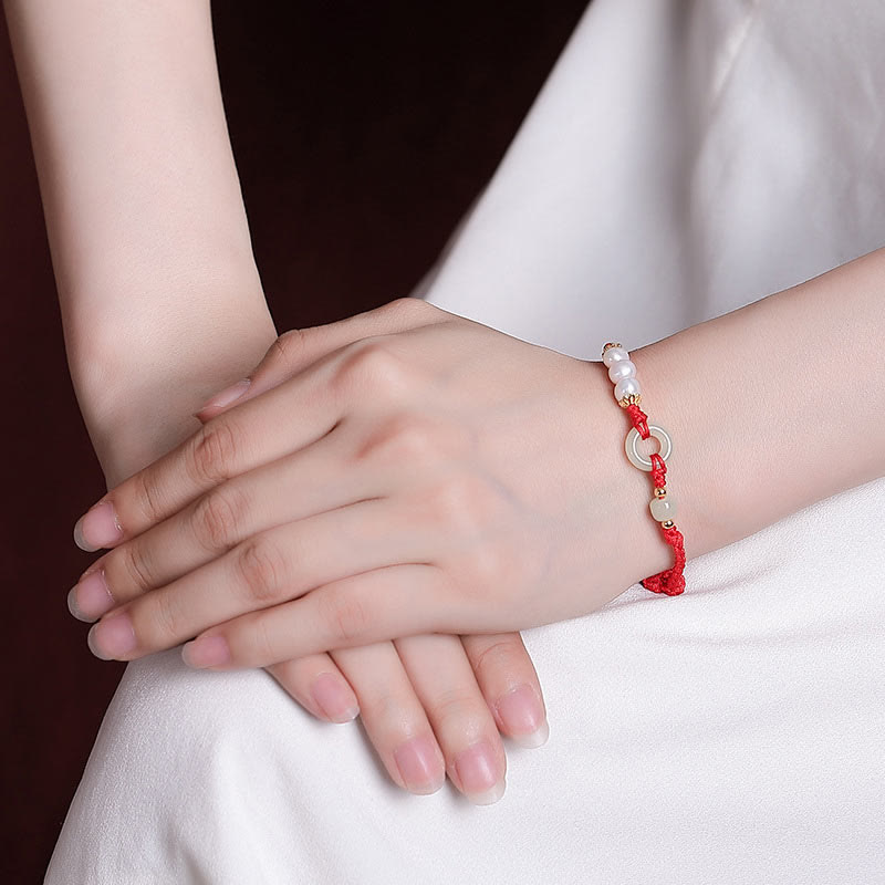 KarmaRipple's 925 Sterling Silver Plated Gold Hetian Jade Peace Buckle Pearl Fortune Bracelet p5