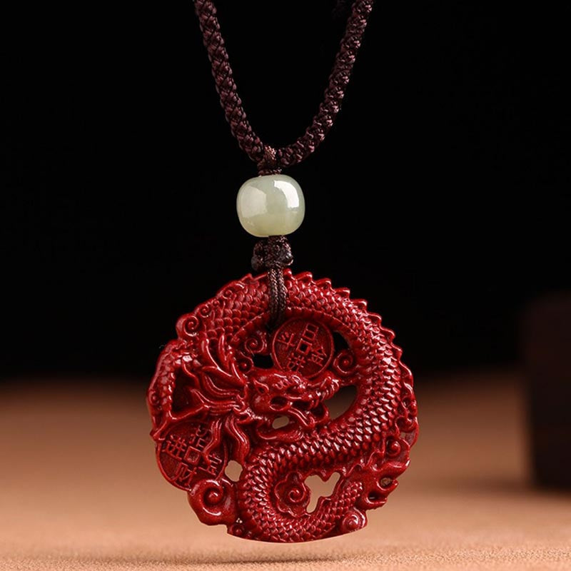 KarmaRipple's Year Of The Dragon Authentic Cinnabar Hetian Jade Bead Bronze Coin Attract Wealth Strength Pendant Necklace p13