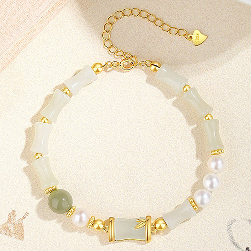 KarmaRipple's 925 Sterling Silver Authentic Hetian Ivory Jade Bamboo Fortune Blessing Bracelet p4