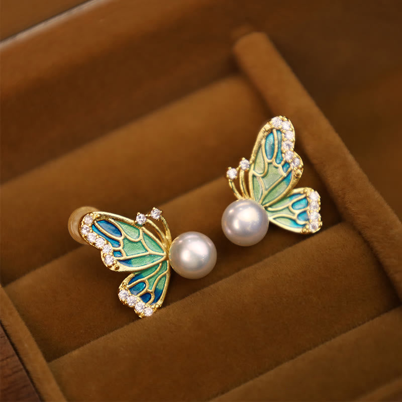 KarmaRipple's 925 Sterling Silver Posts 18K Gold Plated Bronze Authentic Pearl Butterfly Balancing Stud Earrings p2