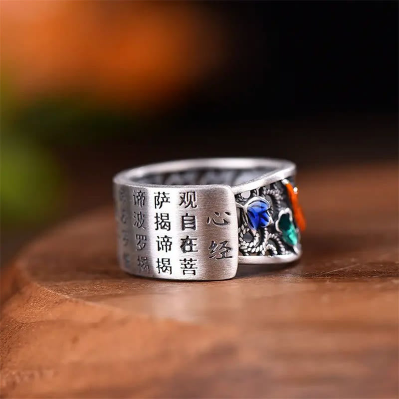 KarmaRipple's Bronze Blue Enamel Lotus Heart Sutra Koi Fish Fortune Ring p4