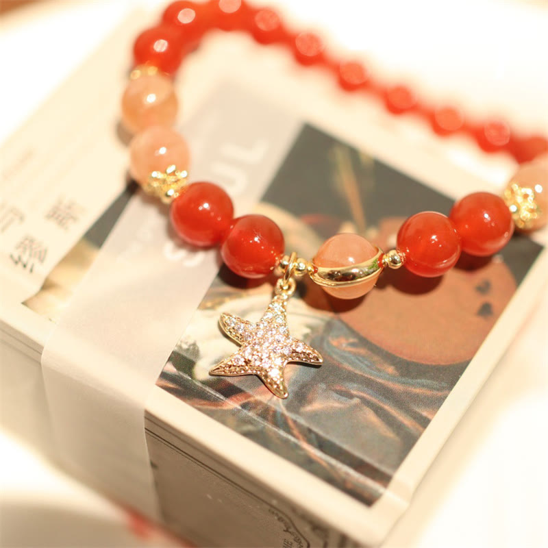 KarmaRipple's Sun Stone Peach Moonstone Red Agate Gemstone Star Wealth Bracelet p2