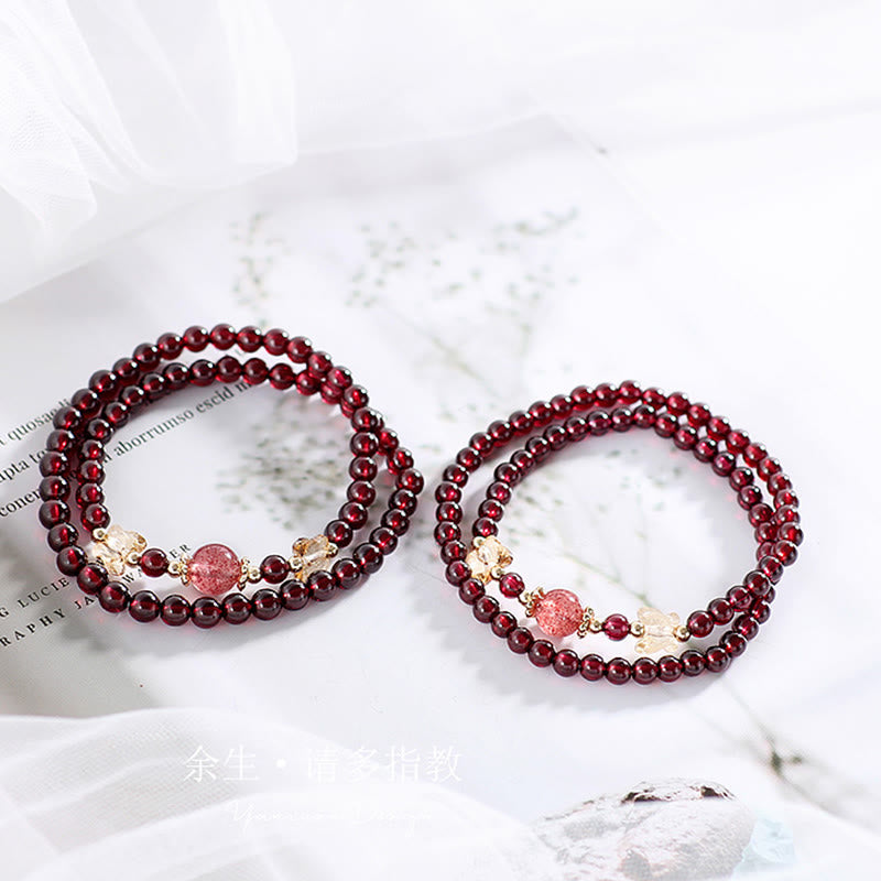 KarmaRipple's 14K Gold Plated Authentic Garnet Strawberry Quartz Butterfly Protection Double Wrap Bracelet p2