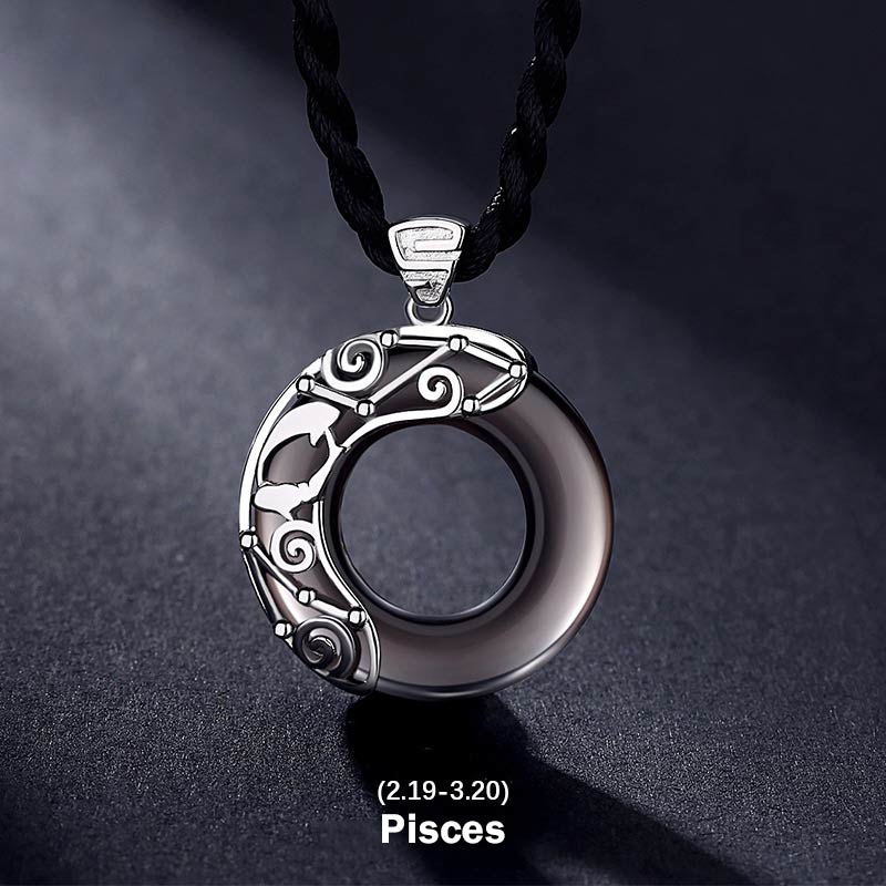 KarmaRipple's 12 Constellations of the Zodiac Ice Obsidian Blessing Round Necklace Pendant p32