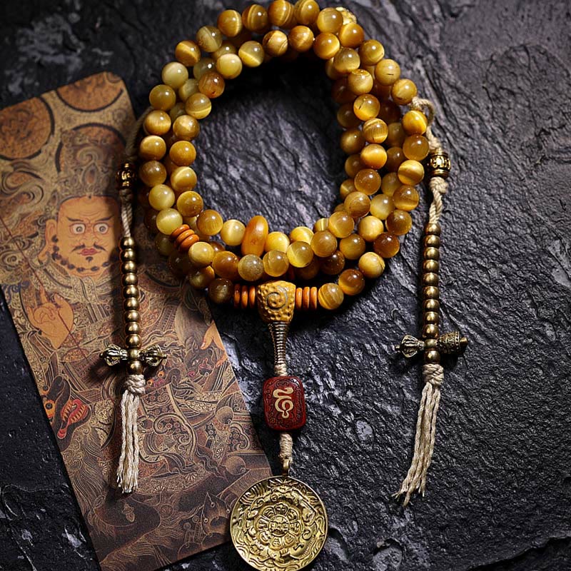 KarmaRipple's 108 Mala Beadwork Authentic Tiger Eye Bronze Dorje Protection Tassel Bracelet p33