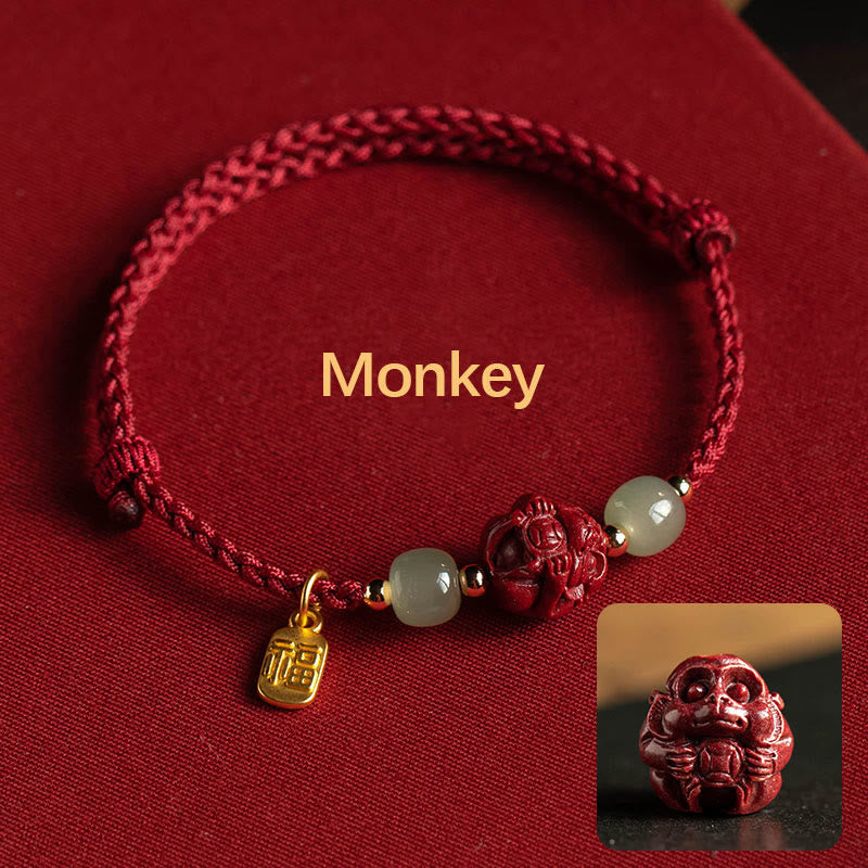 KarmaRipple's Authentic Cinnabar Chinese Zodiac Hetian Jade Fu Character Fortune Rope Bracelet p9