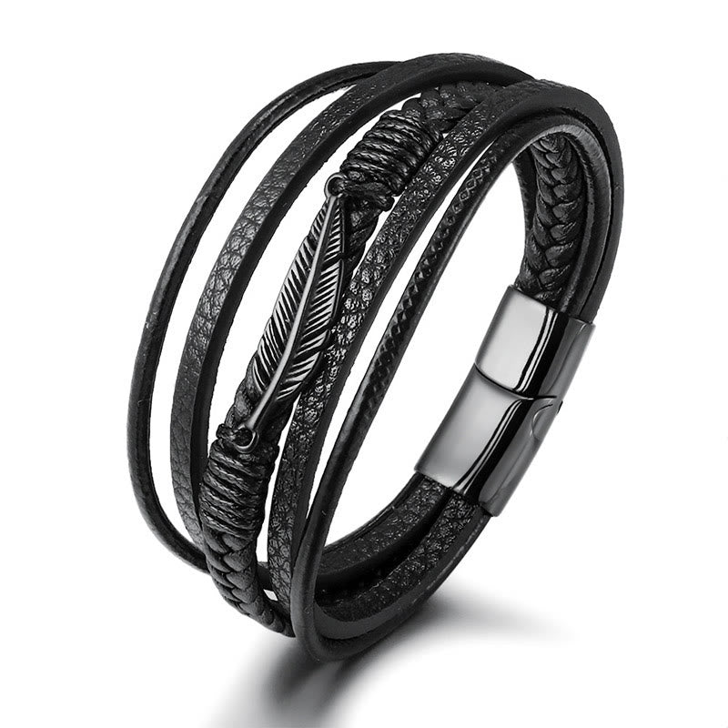 KarmaRipple's Feather Pattern Multilayer Leather Titanium Steel Calm Woven Magnetic Buckle Bracelet p16