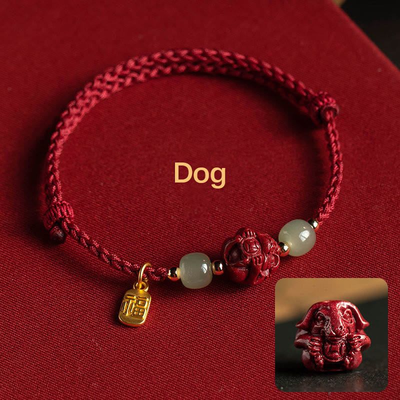 KarmaRipple's Authentic Cinnabar Chinese Zodiac Hetian Jade Fu Character Fortune Rope Bracelet p11