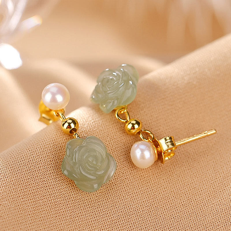 KarmaRipple's 925 Sterling Silver Plated Gold Jade Rose Flower Cyan Jade Pearl Fortune Earrings p12