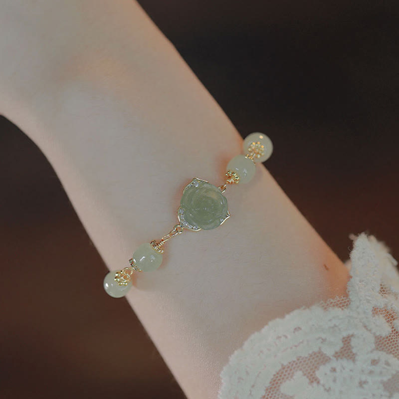 KarmaRipple's 14K Gold Plated Hetian Jade Rose Flower Fortune Chain Bracelet p1